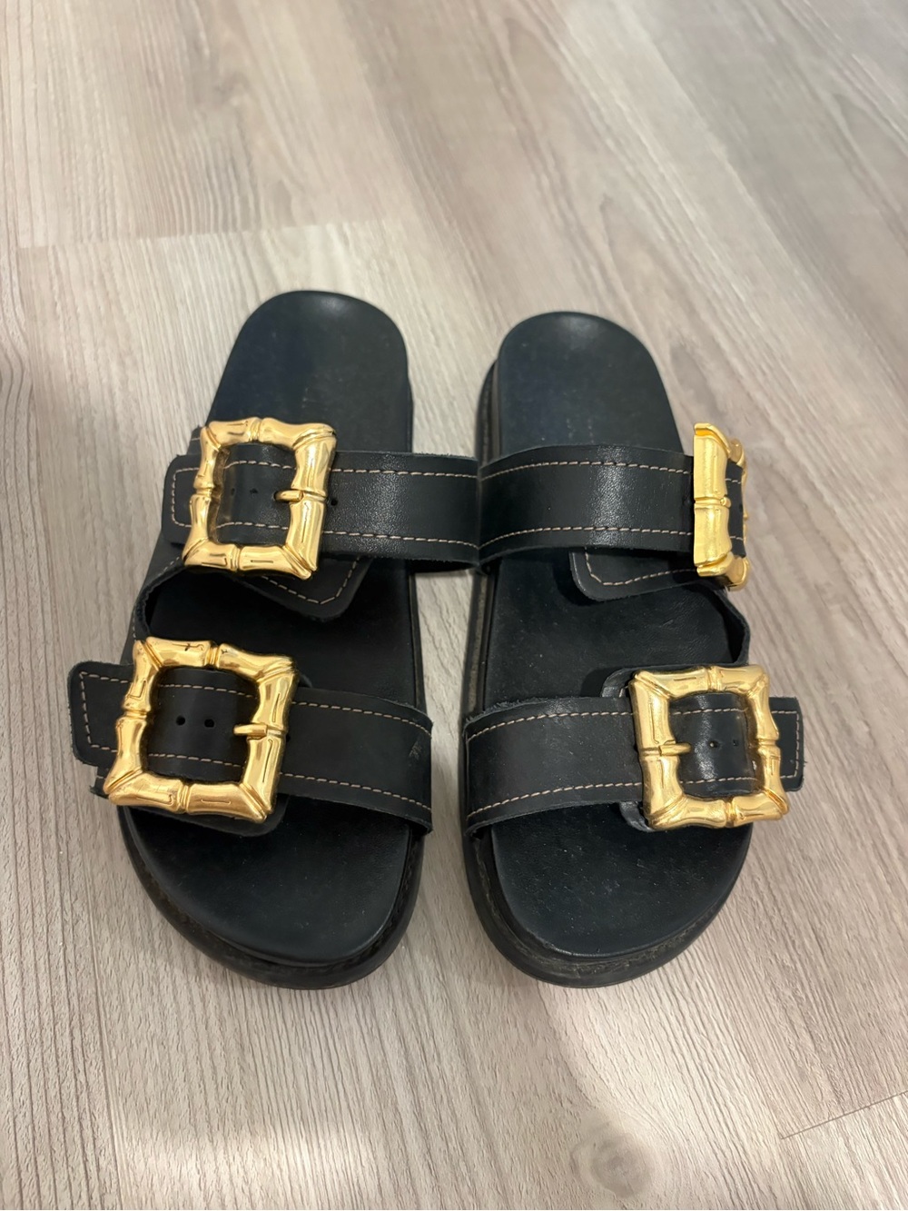 SCHUTZ Black Slide Sandals with Gold Buckles